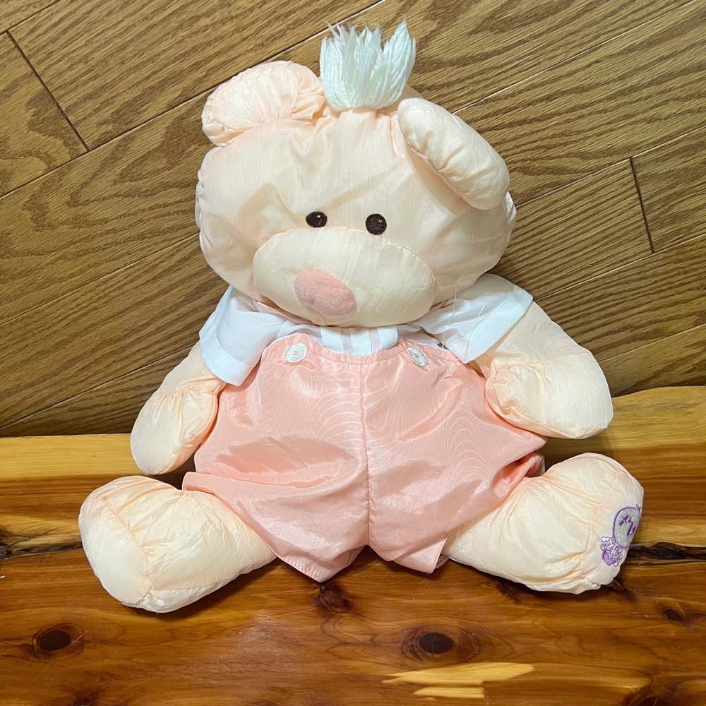 Vtg 1986 Fisher Price Puffalump Teddy Bear Pink Peach Plush Toy TORN 15 Inch